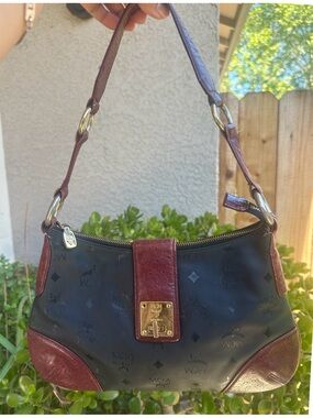 MCM Vintage Black Canvas Shoulder Bag with Burgundy Leather Trim